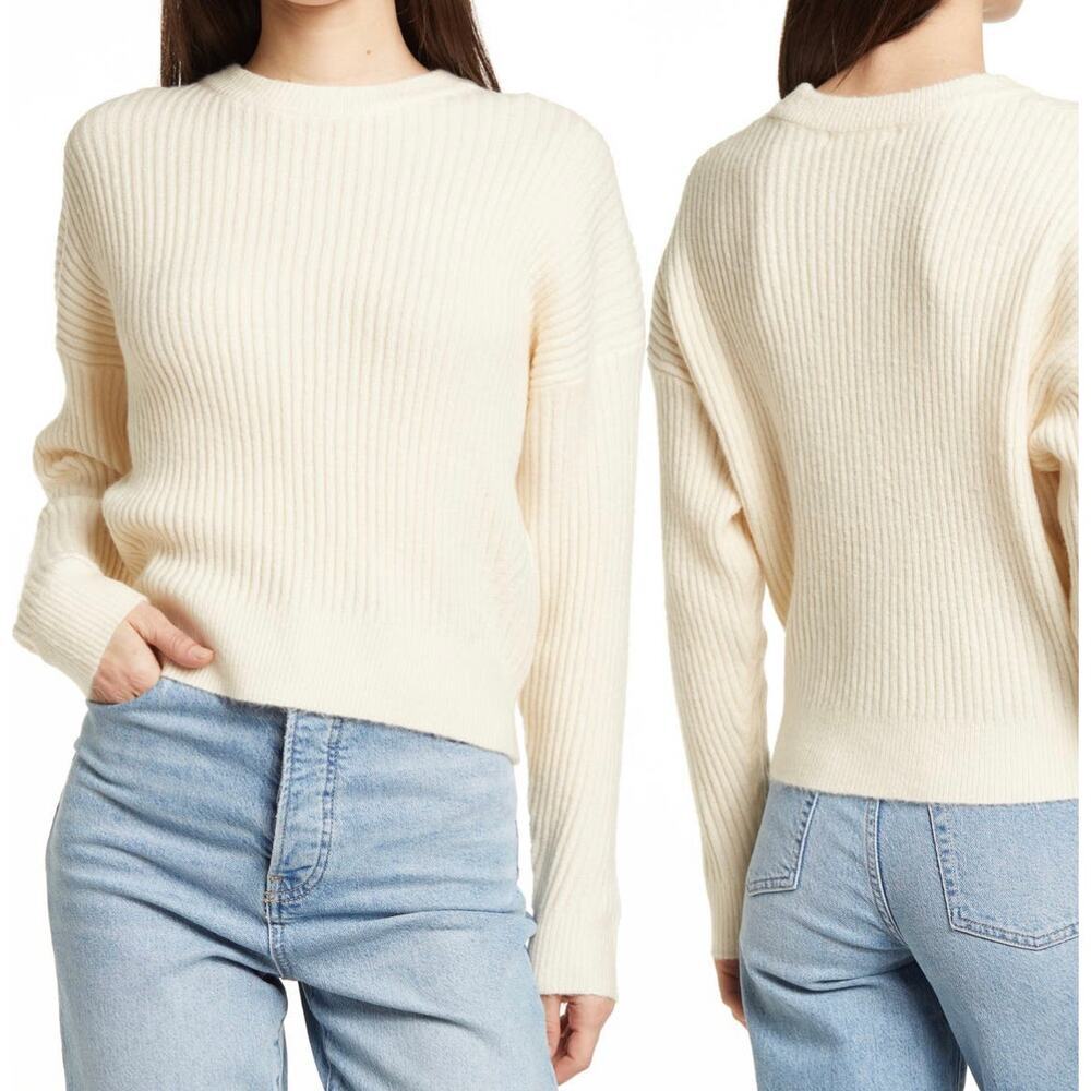 Elodie Ribbed Crewneck Pullover Sweater Long Sleeve Cream Size S NWT